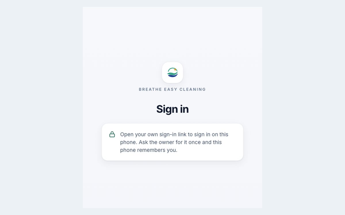Breathe Easy Cleaning app sign-in screen on a phone